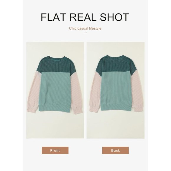 Women's Fashion Color Block Long Sleeve Crewneck Knitted Casual Loose Pullover - Picture 8 of 8